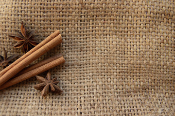 Spices on a coarse cloth. For poster, card, banner, flyer, menu.