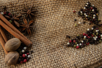 Spices on a coarse cloth. For poster, card, banner, flyer, menu.