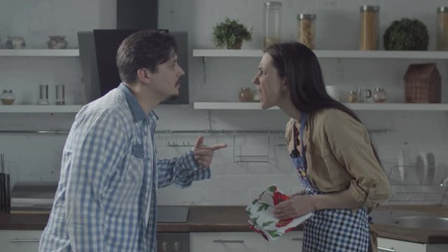 Young married couple scolding in domestic kitchen, screaming to each other in frustration, blaming for breakup of family. Busy with household chores wife smashing plate on floor with anger.