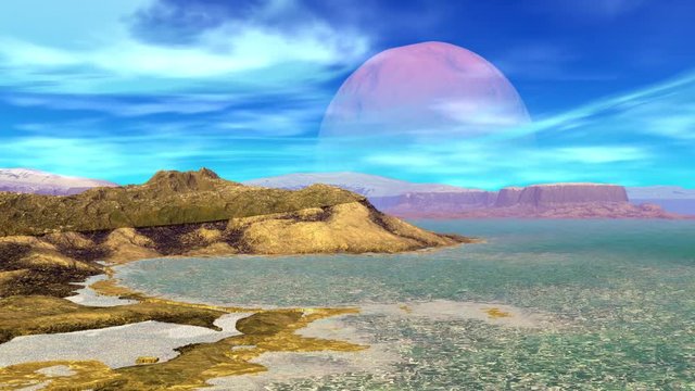 Alien Planet. Mountain and  water. Animation. Panorama. 4K