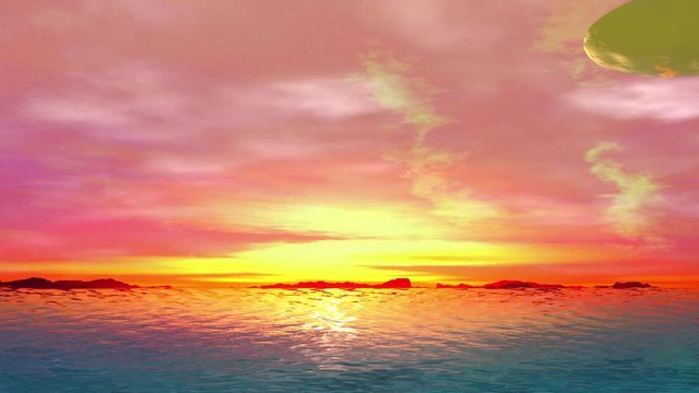 Alien Planet. Mountain and  water. Animation. Panorama. 4K