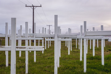 Fototapeta premium 52 crosses for car accidents victimis next to road from Selfoss town to Reykjavik city in Iceland