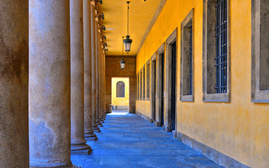 inside columns of Teatro Regio theater in Parma in vanishing point.. World famous opera house in Parma, Emilia-Romagna, Italy. 