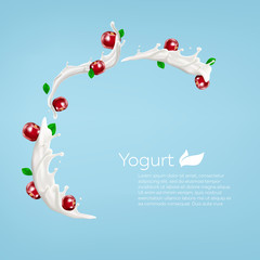 Whole milk yogurt swirl background design with cherry, commercial vector advertising mock-up realistic illustration