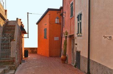 Fototapeta na wymiar Old narrow stone street with colorful facade of historical buildings in Tellaro village, Liguria, Italy