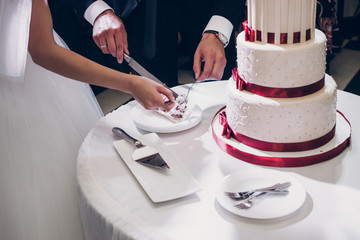 bride and groom cutting wedding cake. wedding couple tasting big delicious cake with pearl and red flower at wedding reception in restaurant. luxury catering