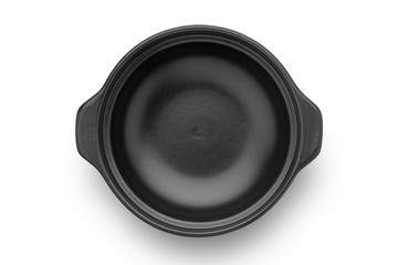 Empty black ceramic casserole isolated on white background. Top view.