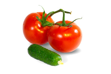 tomatoes and cucumber on white background