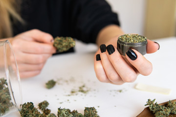 Woman preparing and rolling marijuana cannabis joint. marijuana use concept. Close up of marijuana...