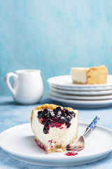 Cheesecake slice. Berry topping. Close view. Copy space.