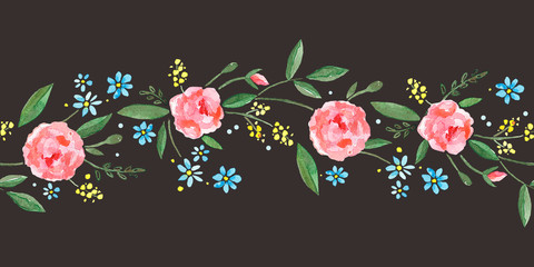 Seamless border with watercolor roses, leaves, branches and small blue flowers