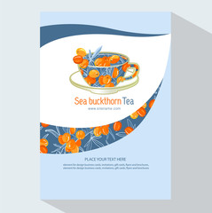 Tea Branding and Packaging with Cup of tea with Sea buckthorn. Brochure flyer design template vector.  Sea buckthorn tea.  Hand drawn eco design for fabric and packaging- tea.
