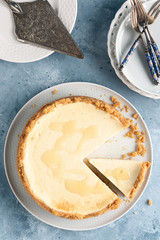heesecake whole. New Yourk style. Close view. Copy space.