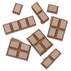 Milk organic chocolate pieces isolated on white background