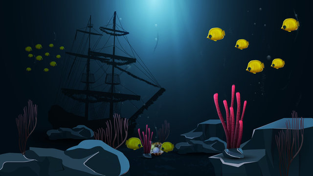 Underwater world, vector illustration with yellow fish, reefs and sunken ship