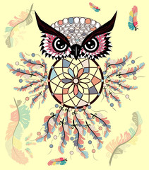 decorative dream catcher in graphic style with owl skull