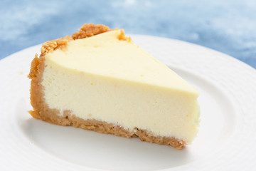 Cheesecake slice. New Yoork Style. Close view. Copy space.