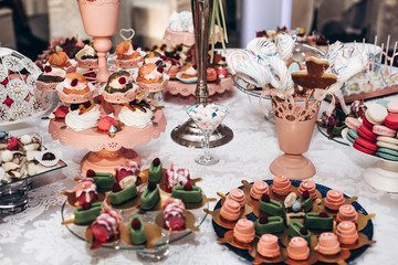 luxury wedding catering, table with modern desserts, cupcakes, sweets with fruits. delicious candy bar at expensive wedding reception. space for text. shower. holiday celebration