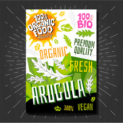 Food labels stickers set colorful sketch style fruits, spices vegetables package design. Arugula. Vegetable label. Organic, fresh, bio, eco. Hand drawn vector illustration.