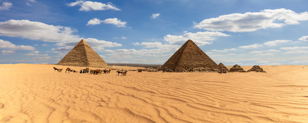 Fototapeta na wymiar Panorama of Egypt, view on the Giza Pyramids in the desert
