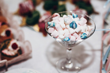 luxury wedding catering, table with modern marshmallow desserts, cupcakes, sweets with fruits. delicious candy bar at expensive wedding reception. space for text. shower. holiday celebration