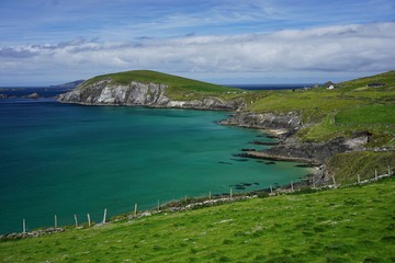 Beautiful green landscape on shore in Dingle peninsula in south Ireland