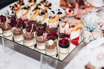 delicious tiramisu. candy bar at luxury wedding reception. exclusive expensive catering. table with modern desserts, cupcakes, sweets with fruits. space for text. holiday celebration