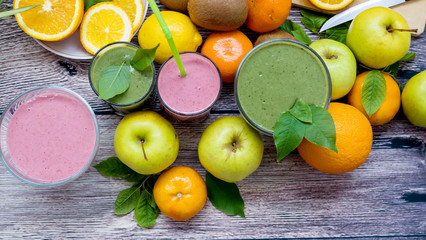 Berry and vegetable smoothies and ripe fruit
