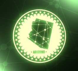 Image relative to USA travel. Arizona state map textured by lines and dots pattern. Stamp in the shape of a circle. 3D rendering. Neon bulb illumination