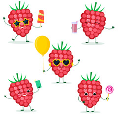 A set of five ripe raspberries berry Smile in cartoon style. In glasses with ice cream, with a balloon, with a lollipop, with juice, with a selfie phone. Flat, Vector illustration
