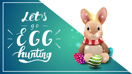 Let's go egg hunting, postcard template with lettering and Easter bunny