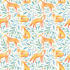 Seamless pattern of a fox,heart and floral.Forest animals.Watercolor and pencil color hand drawn illustration.White background.