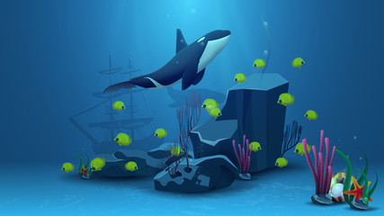 Obraz na płótnie Canvas Underwater world, vector illustration with yellow fish, rock, starfish, pearl and killer whale