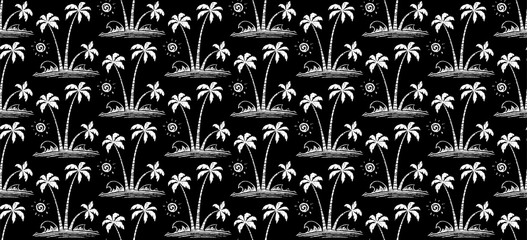 White hand drawn vector palm trees and waves on black background - tropic seamless pattern tile