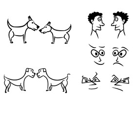 Dogs and owners face to face people and pets. Sketching with black ink on the white background