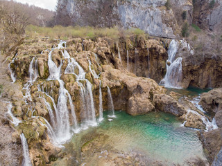 Aerial view of waterfall at Plitvice Lakes National Park