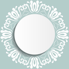 Round vector frame with floral elements and arabesques. Light blue and white pattern with arabesques. Fine greeting card