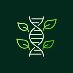 DNA Spiral with Green Leaves vector concept icon or logo in thin line style on dark background