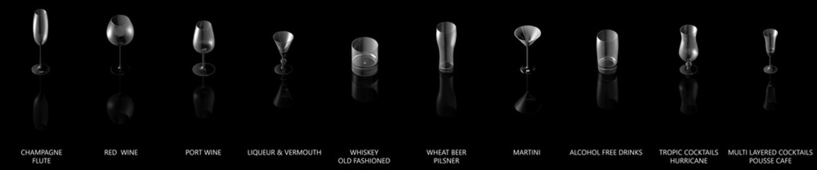3D illustration of big set of various glasses for strong alcohol drinks and cocktails isolated on black, side-top view with reflection - drinking glass render