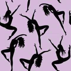 Dancing women. Seamless pattern. Vector illustration of silhouettes of dancers on lila background