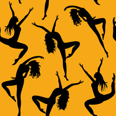 Dancing women. Seamless pattern. Vector illustration of silhouettes of dancers on orange background © Lucie