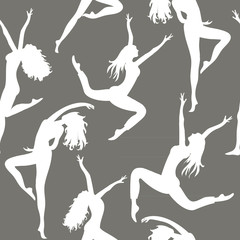 Dancing women. Seamless pattern. Vector illustration of white silhouettes of dancers on grey background © Lucie