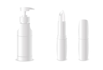 Template For Mock up Your Design. Realistic Cosmetic bottle can sprayer container. Realistic white glossy lip balm stick