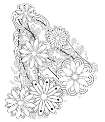 Outline vector drawing of flowers for adult coloring books. Page of floral pattern in black and white