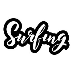 Surfing hand lettering logo. Design print for t-shirt, cap, poster, banner, flyer, beach animation. Vector illustration on background