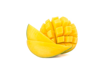 Cut ripe mango with two pieces isolated on white background