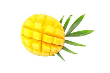 Fresh mango with palm leaf isolated on white background, top view
