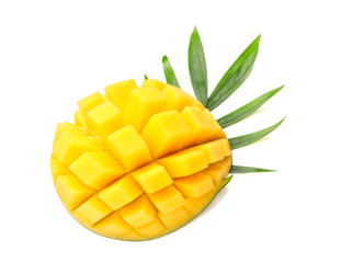 Fresh mango with palm leaf isolated on white background, closeup