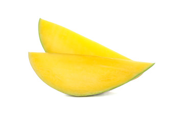 Two pieces of mango isolated on white background, close up