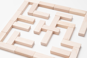 Encourage creativity. Think different. Problem easy solution. Wooden blocks maze. Conceptual challenge composition.